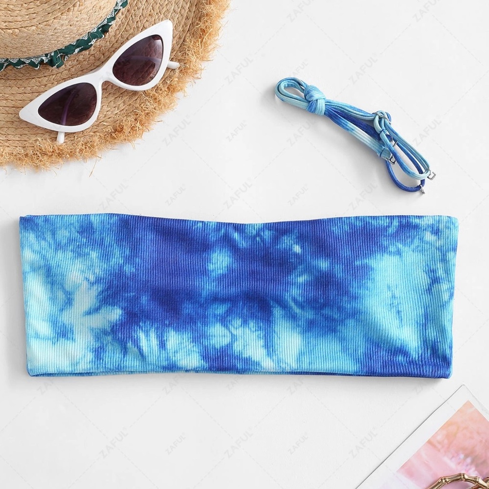 ZAFUL NWT Ribbed Tie Dye Padded Bikini Top - Blueberry Blue, Size M